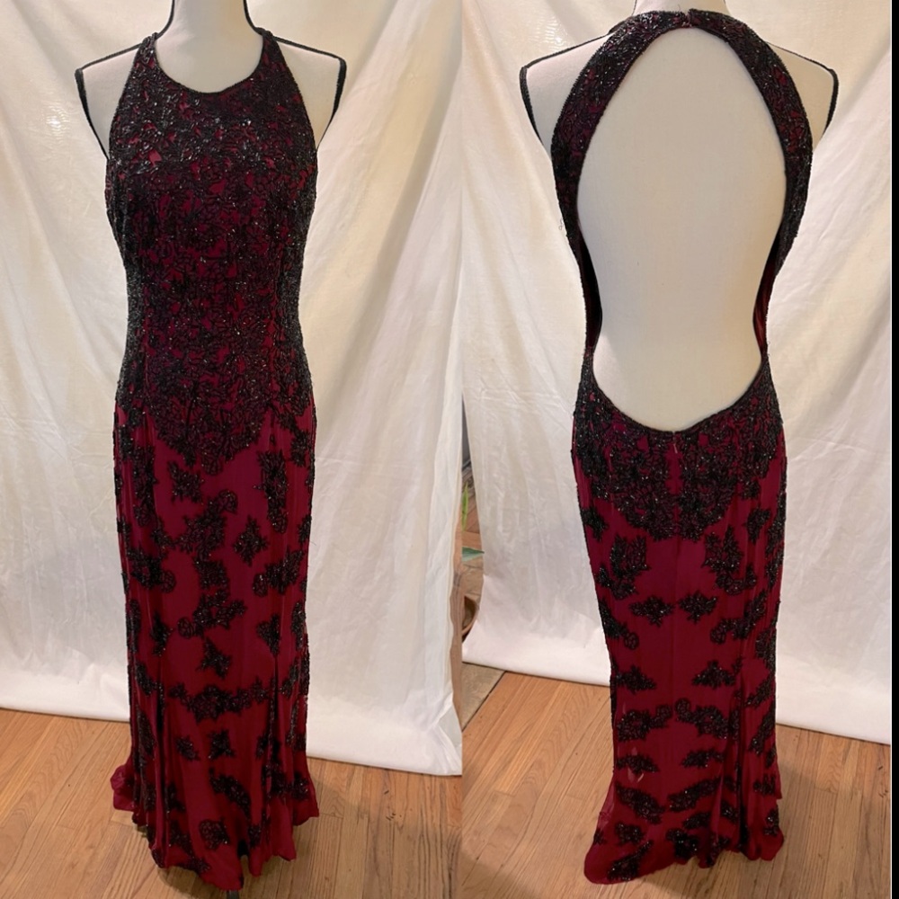Vintage Gothic 🥀 red SILK gown with heavy black beading